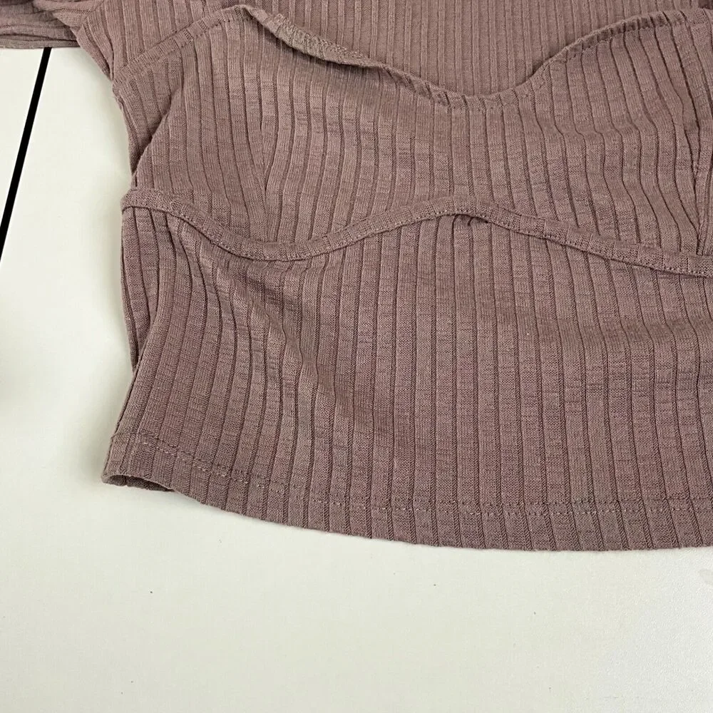 Zara Long Sleeve Brown Mauve Ribbed Long sleeve Crop Top Womens Sz S